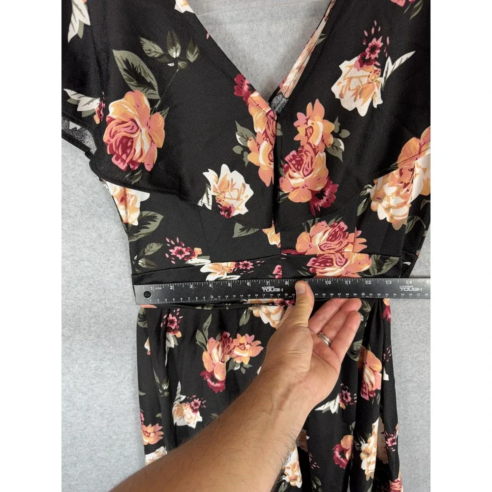 Fantaist Dress Womens Large Black Floral Wrap Short Sleeve Fit Flare Belted Boho